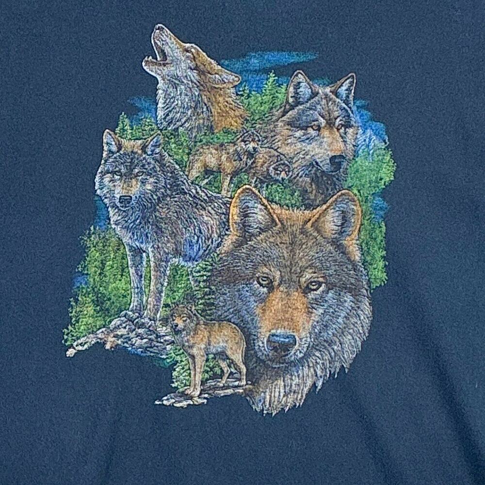 VTG 90s Wolf Forest Nature Mountains T-Shirt Mens XL Navy Blue Outdoors Wolves